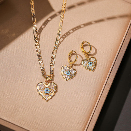 Heart-Shaped Zircon Pendant Necklace And Earrings Suite