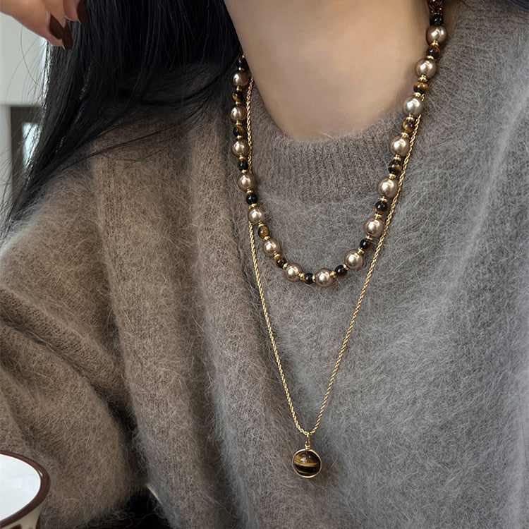 Brown Tiger Eye Stone Pearl Necklace And Sweater Chain