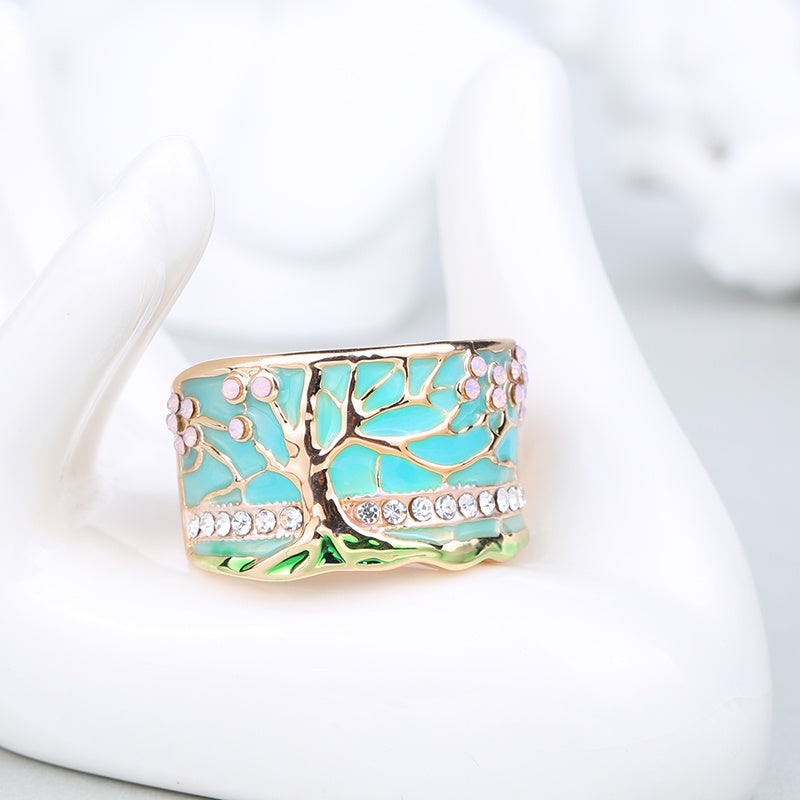 Green Enamel Flower Tree Ring