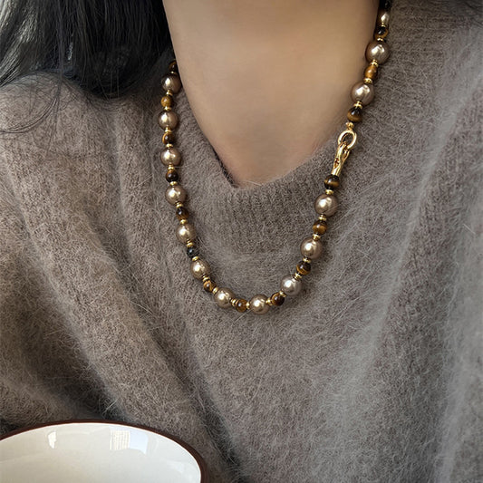 Brown Tiger Eye Stone Pearl Necklace And Sweater Chain