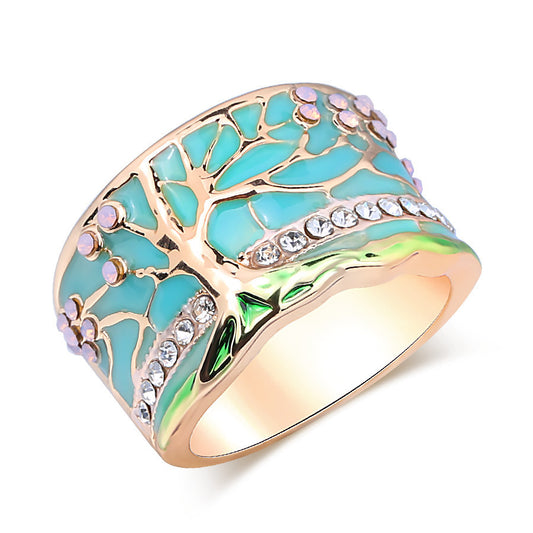 Green Enamel Flower Tree Ring