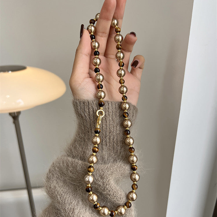 Brown Tiger Eye Stone Pearl Necklace And Sweater Chain