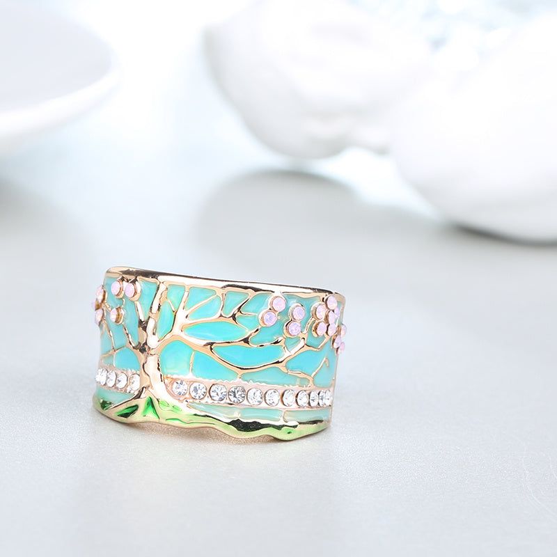 Green Enamel Flower Tree Ring