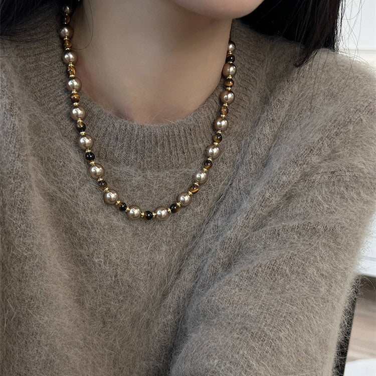 Brown Tiger Eye Stone Pearl Necklace And Sweater Chain