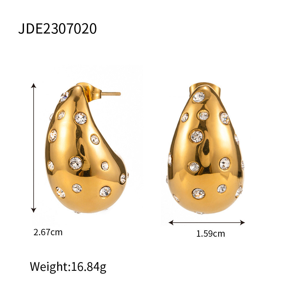 Water Droplet Shaped Zircon Inlaid Chubby Stud Earrings