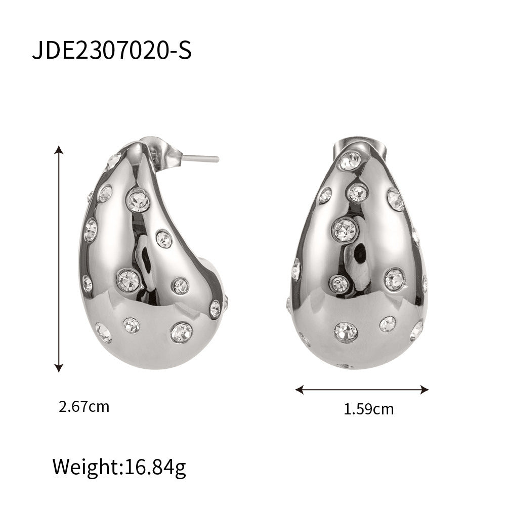 Water Droplet Shaped Zircon Inlaid Chubby Stud Earrings